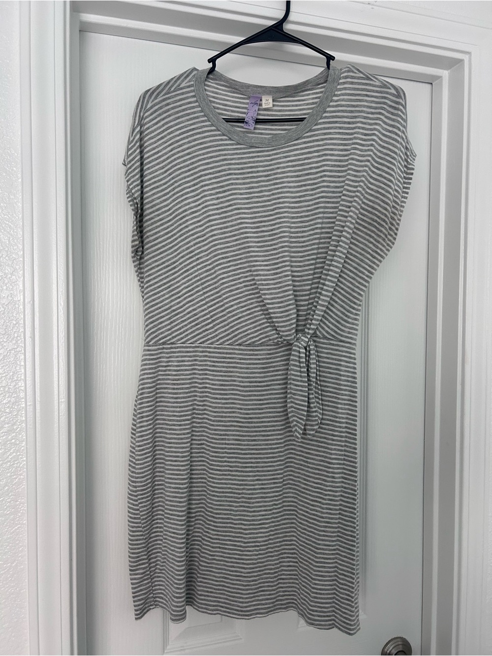 Striped Gray Tie-Waist Casual Women's Dress